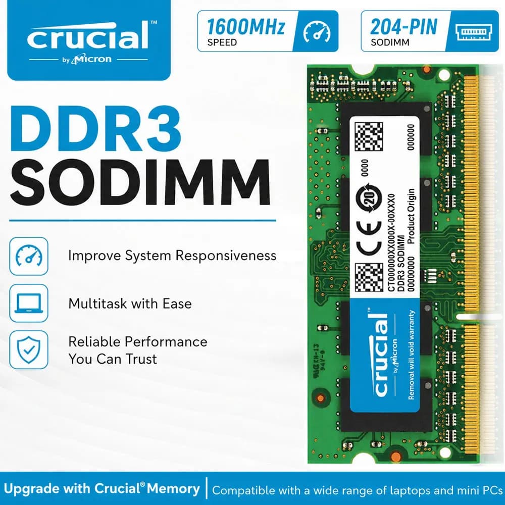 ذاكرة رام للابتوب من Crucial DDR3L وDDR3 بسعات 8 جيجابايت و4 جيجابايت بسرعات 1066 و1333 و1600 ميجاهرتز لأجهزة الكمبيوتر المحمولة