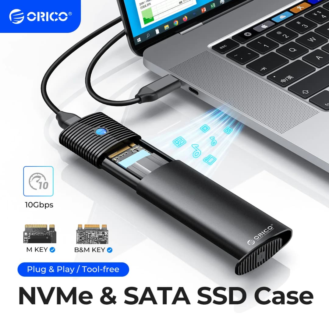 ORICO علبة M2 SSD NVMe NGFF بسرعة 10 جيجابت/ثانية علبة PCIe M.2 SSD محمولة محول خارجي USB C 3.2Gen2 مع مبرد حراري معدني