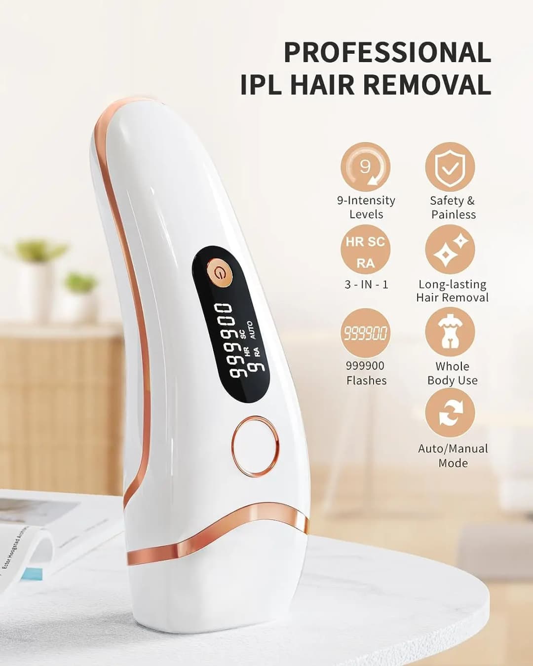 أجهزة IPL لإزالة الشعر بالليزر 17J 999900   نبضات الضوء HR/SC/RA 9 مستويات لإزالة الشعر غير المؤلم للجسم بالكامل للاستخدام المنزلي للرجال والنساء - 2