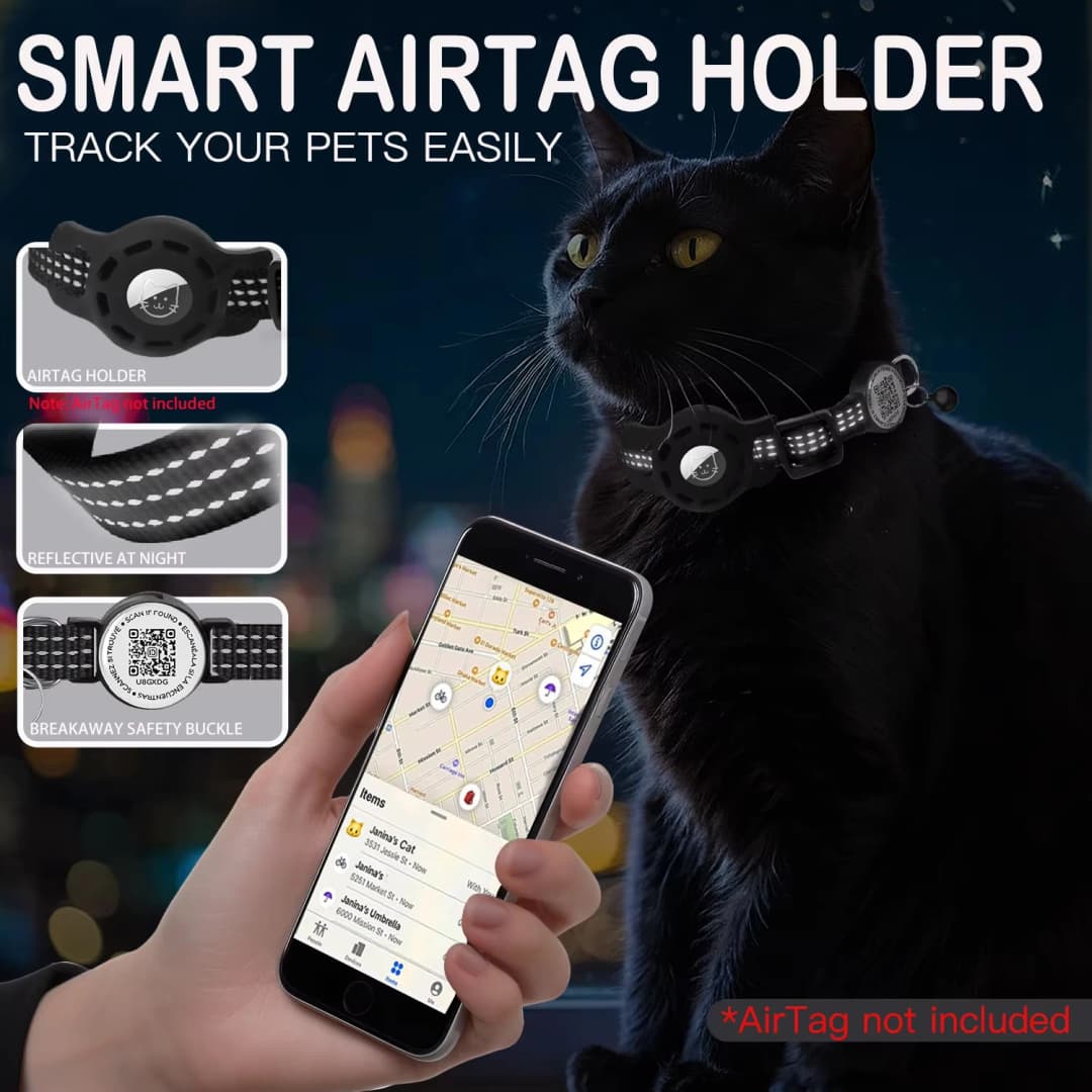 طوق قطط مزود بنظام تحديد المواقع GPS مع علامة كود QR وحافظة Airtag طوق قطط عاكس من Apple لتعقب الحيوانات الأليفة طوق قطط صغير قابل للفصل - 4