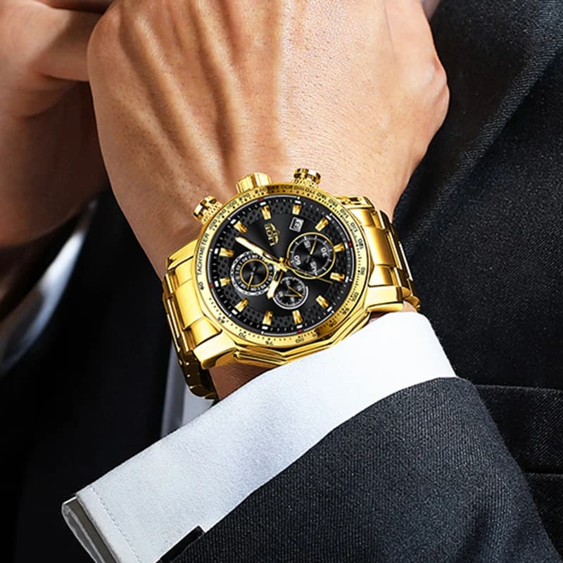 LIGE New Gold Quartz Watches For Men Military Sport Waterproof Big Dial Watch Men Fashion Business Date Chronograph Montre Homme - 5
