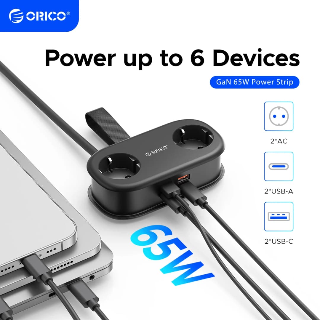 ORICO قابس EU GaN 65W شريط طاقة 2AC منفذ 2USB 1Type C محول محمول سلك تمديد شحن سريع للسفر والمنزل