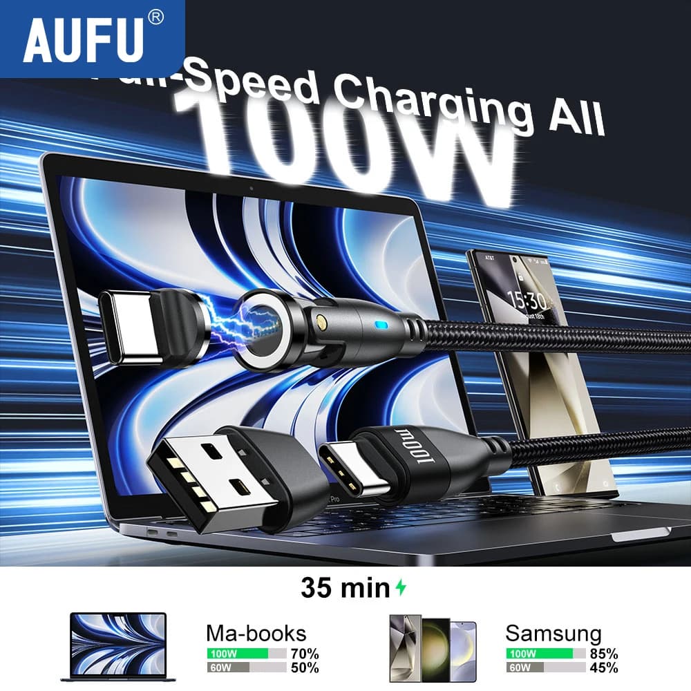 كابل مغناطيسي AUFU من نوع USB-C بقوة 100 واط و5 أمبير للشحن السريع، متوافق مع ماك بوك وسامسونج وآيفون