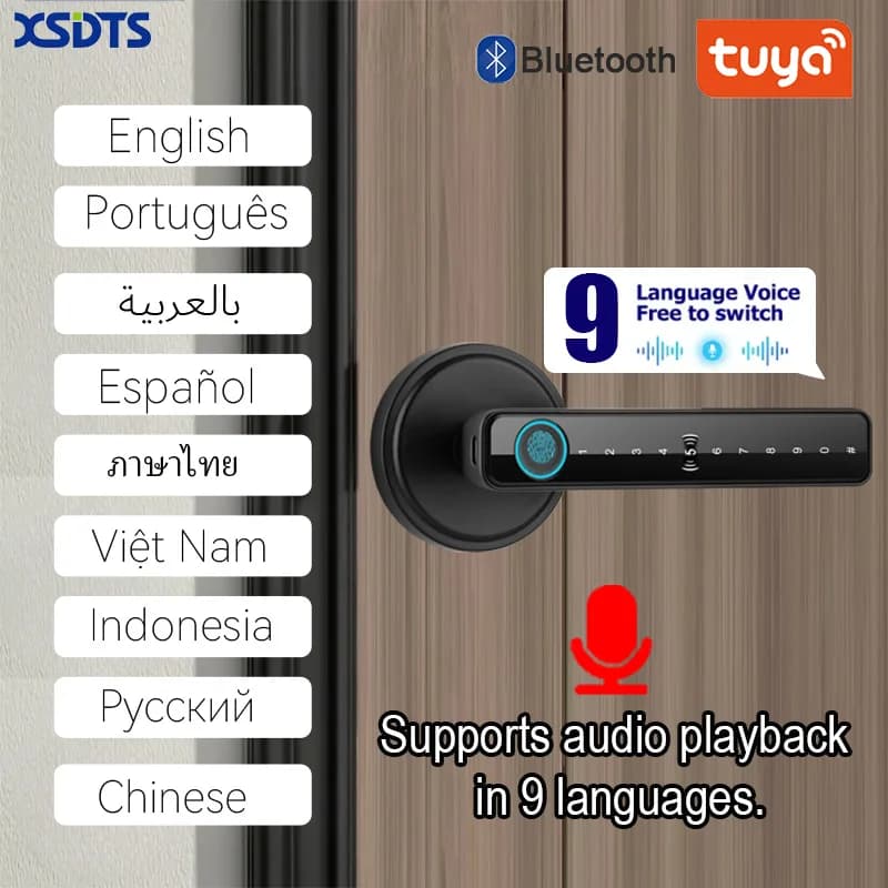 Tuya قفل باب ذكي ببصمة الإصبع، مفتاح بطاقة، لوحة مفاتيح، قفل إلكتروني، 9 لغات، تشغيل صوتي
