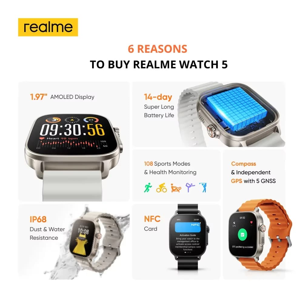 إصدار عالمي realme watch 5 شاشة 1.97 بوصة 600nits AMOLED بطارية 460mAh تدوم حتى 14 يومًا 300+ ثيم دعم GPS GNSS مقاوم للماء IP68 - 2