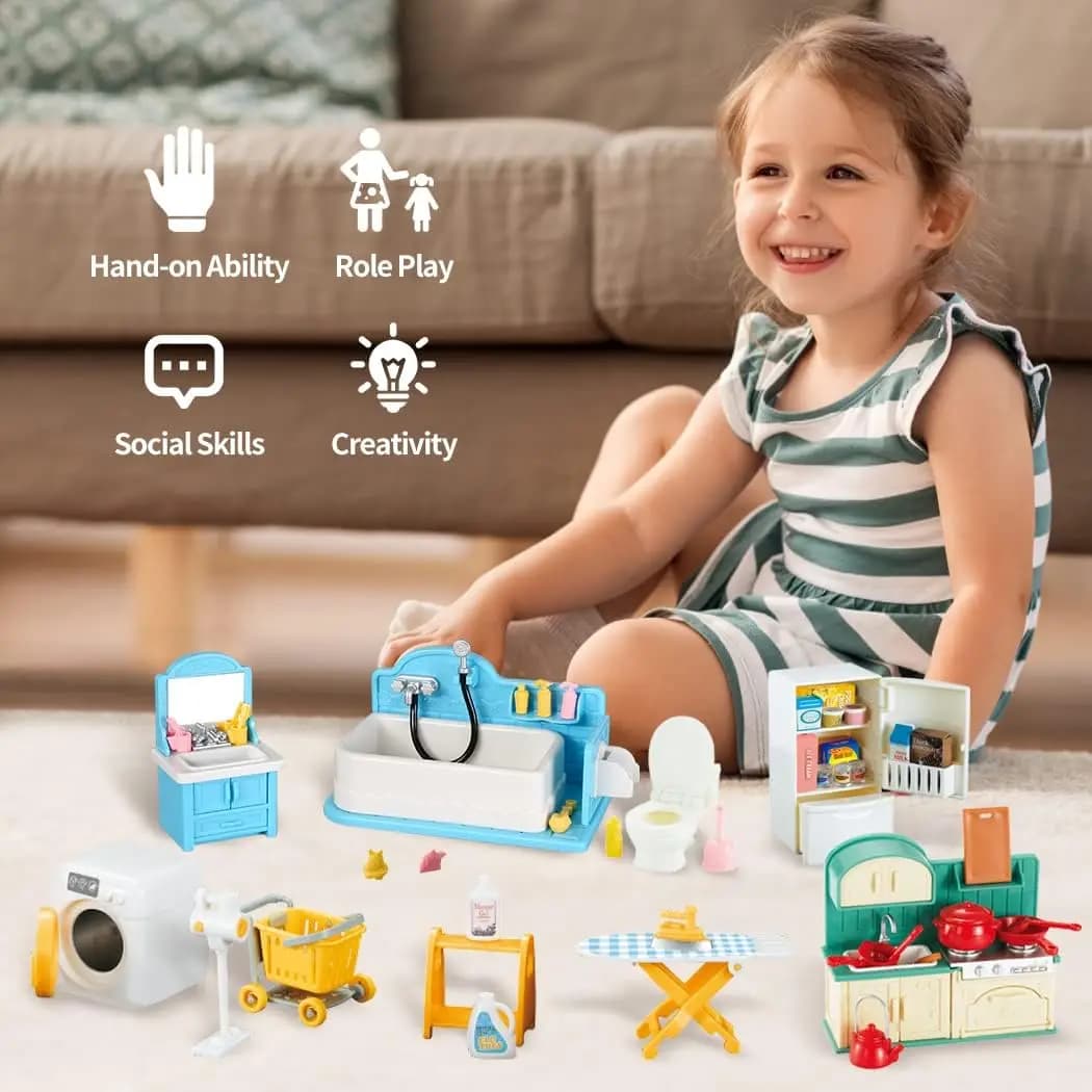 Dollhouse Furniture Set Doll house Bathroom/Kitchen/Fridge/Washing Machine Laundry Kids Doll House Miniature Pretend Play Toys - 6