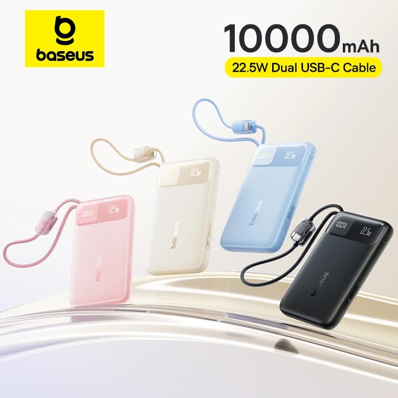 بنك طاقة Baseus سعة 10000 مللي أمبير مع كابل USB-C مزدوج وشحن سريع