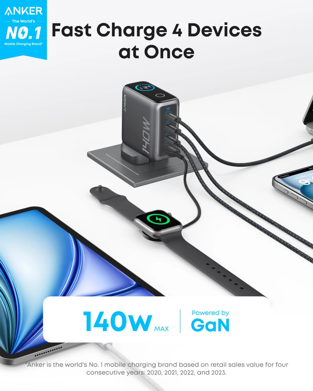 Anker Laptop Charger, 140W Max 4-Port GaN USB C Charger with Smart Display, Fast Charging Power Adapter (Include 5FT Cable) - 2