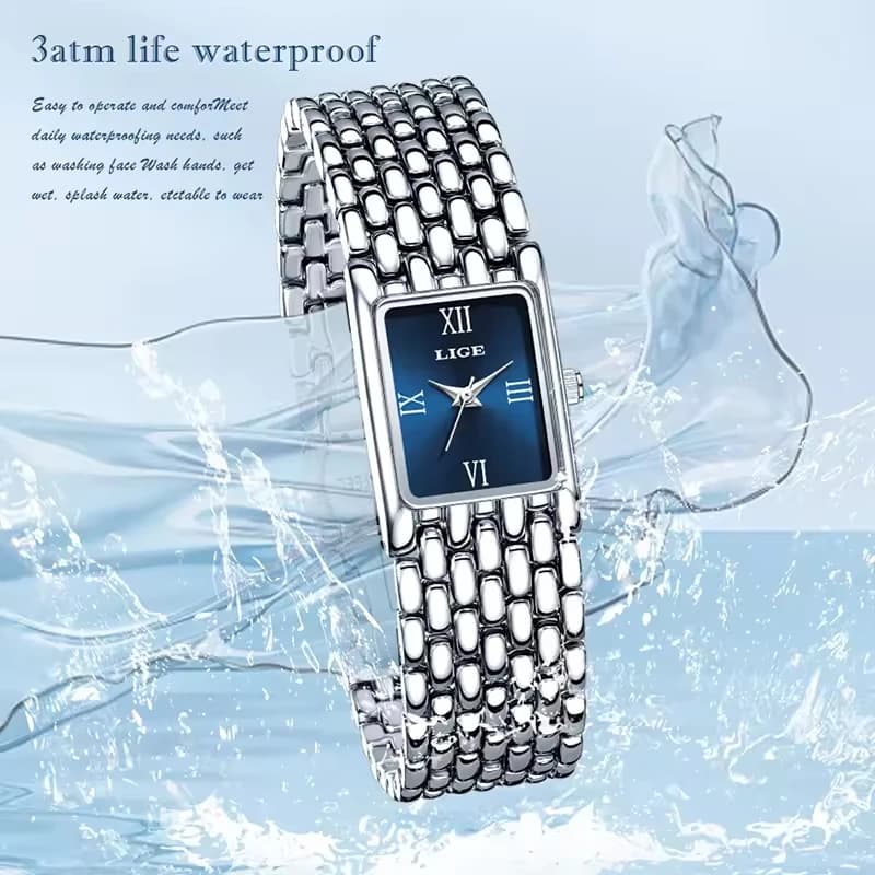 LIGE New Design Ladies Watch Fashion Quartz Wristwatch Silver Simple Square Women Watches Luxury Stainless Steel Folding Clock - 3