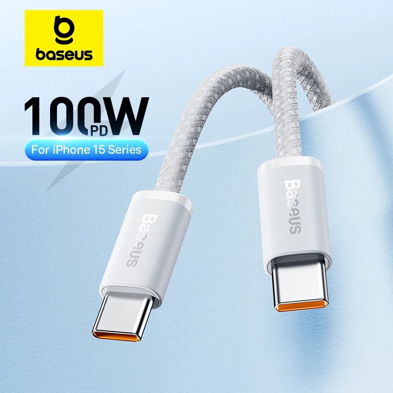 كابل Baseus 100 واط USB C لهاتف iPhone 16 و15 بلس برو ماكس، كابل Type C لجهاز Macbook Pro وiPad، شاحن سريع PD، كابل Type-C