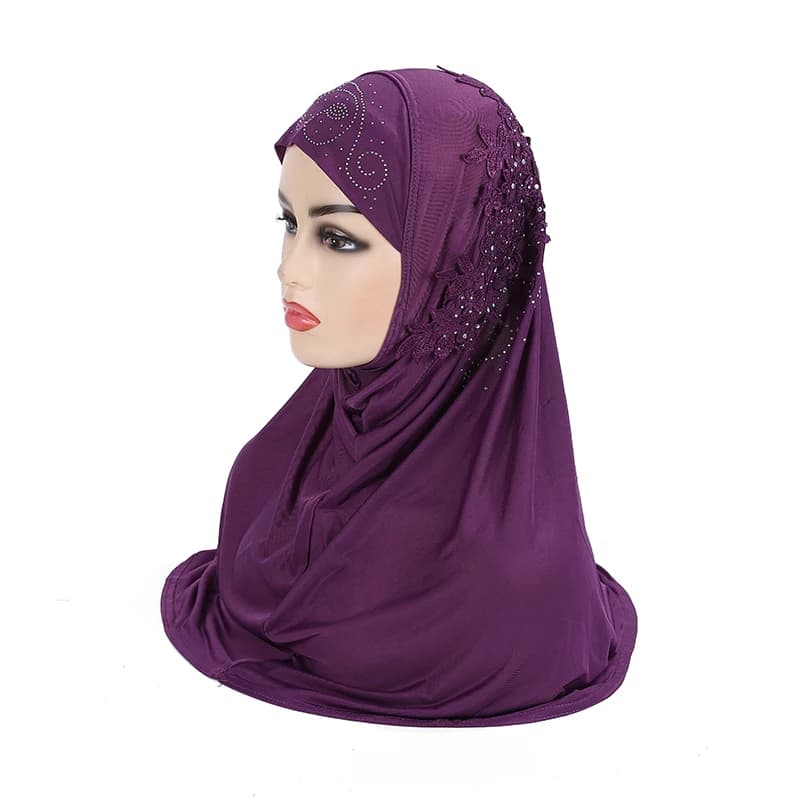 H027 beautiful big gilrs muslim hijab with lace and stones islamic scarf shawl headscarf hat armia pull on wrap ramadan gift - 3
