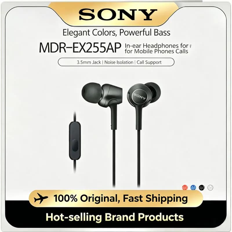 سماعات سوني الأصلية MDR-EX255AP داخل الأذن سلكية ستيريو باس مع مايكروفون للمكالمات الموسيقية