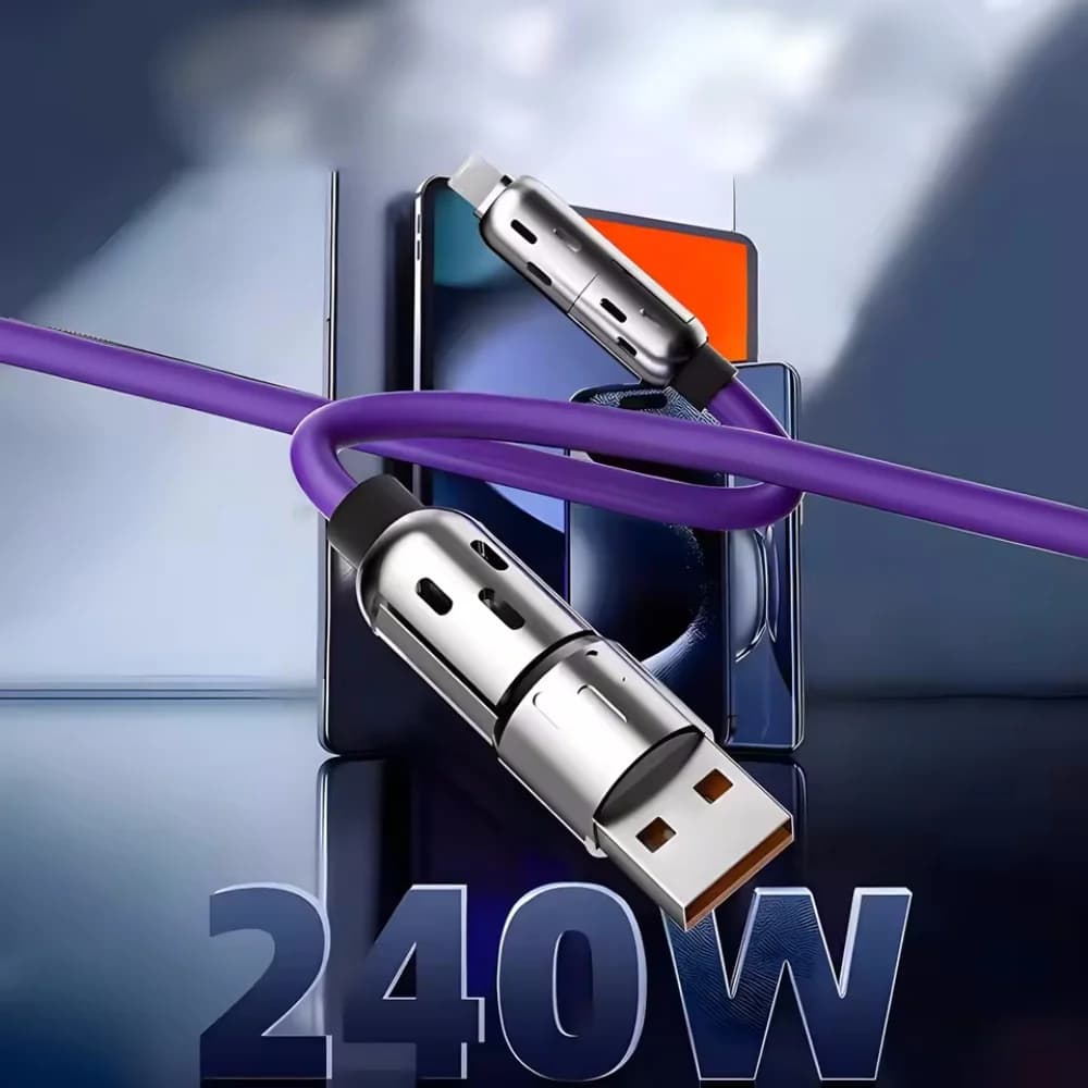 شاحن متعدد المنافذ 4 في 1، كوع دوار، USB إلى Type-C، كابل سيليكون، شحن سريع 240 واط، نقل البيانات - 3