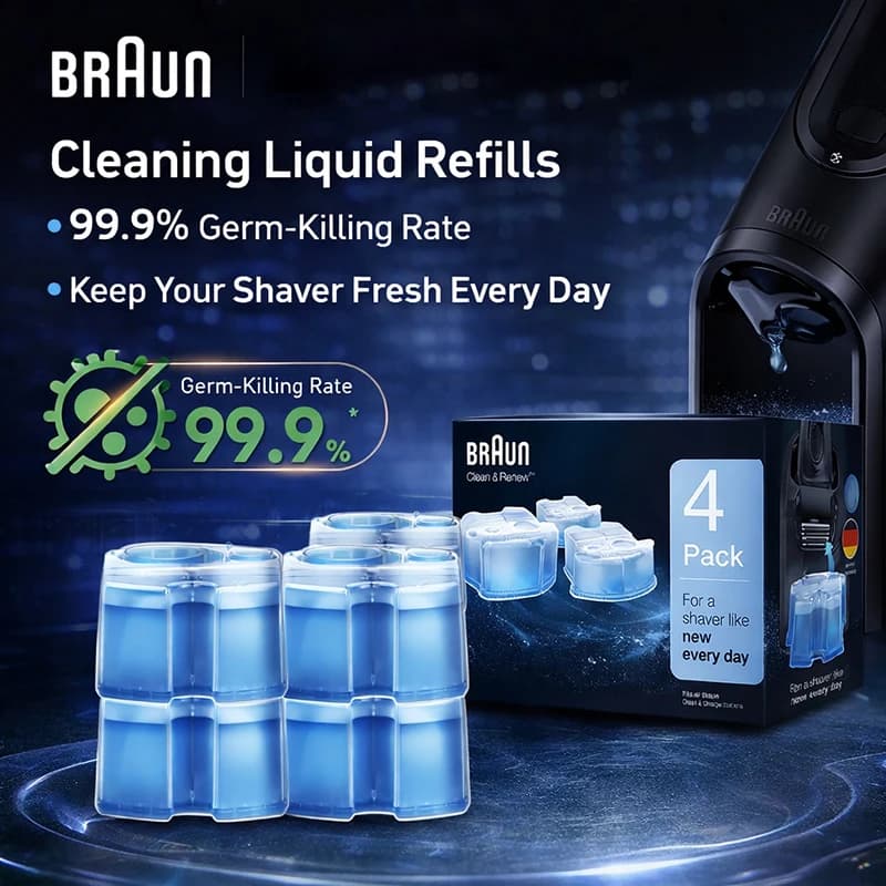 مجموعة تنظيف ماكينات الحلاقة Braun مكونة من 4 قطع من محلول التنظيف المضاد للبكتيريا بنكهة الليمون لتقليل تآكل الشفرات