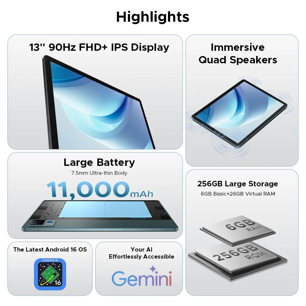 جهاز لوحي DOOGEE U13 أندرويد 16 كمبيوتر Gemini AI شاشة 13 بوصة FHD+ ذاكرة 32 جيجابايت رام 256 جيجابايت بطارية كبيرة 11000 مللي أمبير 7.5 ملم فائق النحافة لوحي ذكي - 2