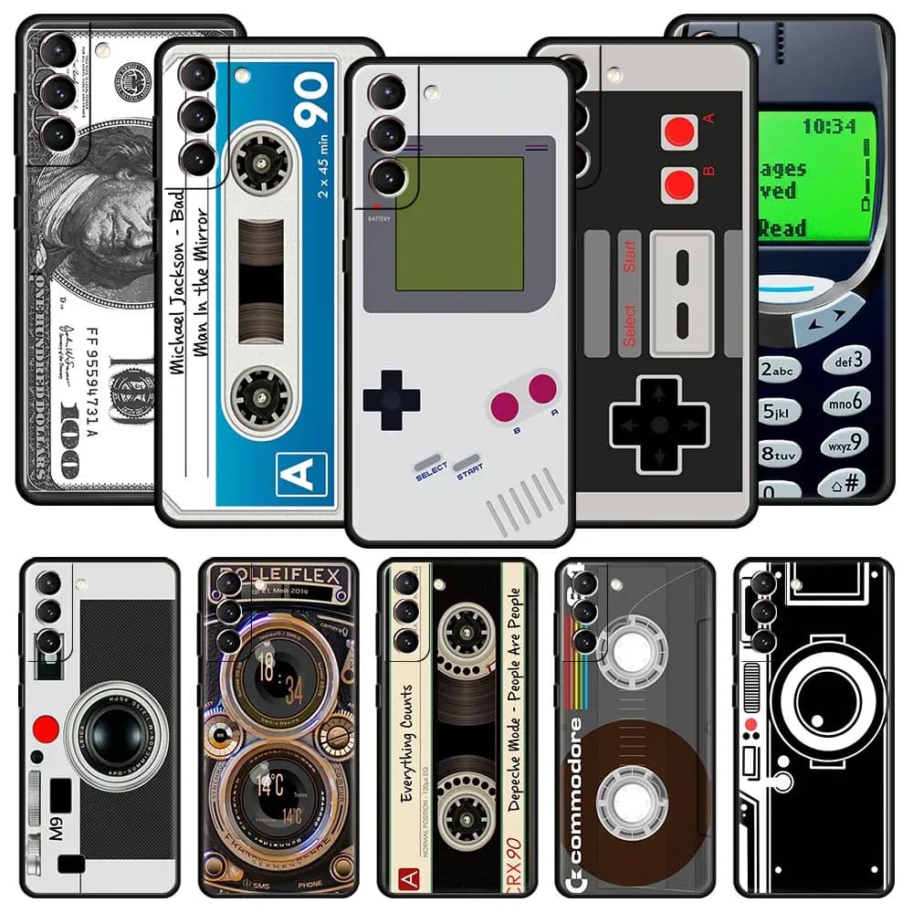 غطاء هاتف على شكل كاميرا شريط قديمة Gameboy لهواتف Samsung Galaxy Plus S24 S23 S22 S21 S20 Ultra FE 5G Plus S9 S10 S10E، لون أسود