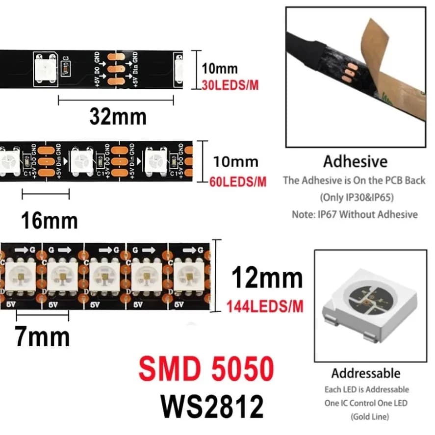شريط إضاءة LED ذكي RGBIC WS2812B WS2812 5050 مع IC قابل للعنونة الفردية 30/60/144 بكسل/LED/م DC5V أسود مقاوم للماء IP30/67 - 3