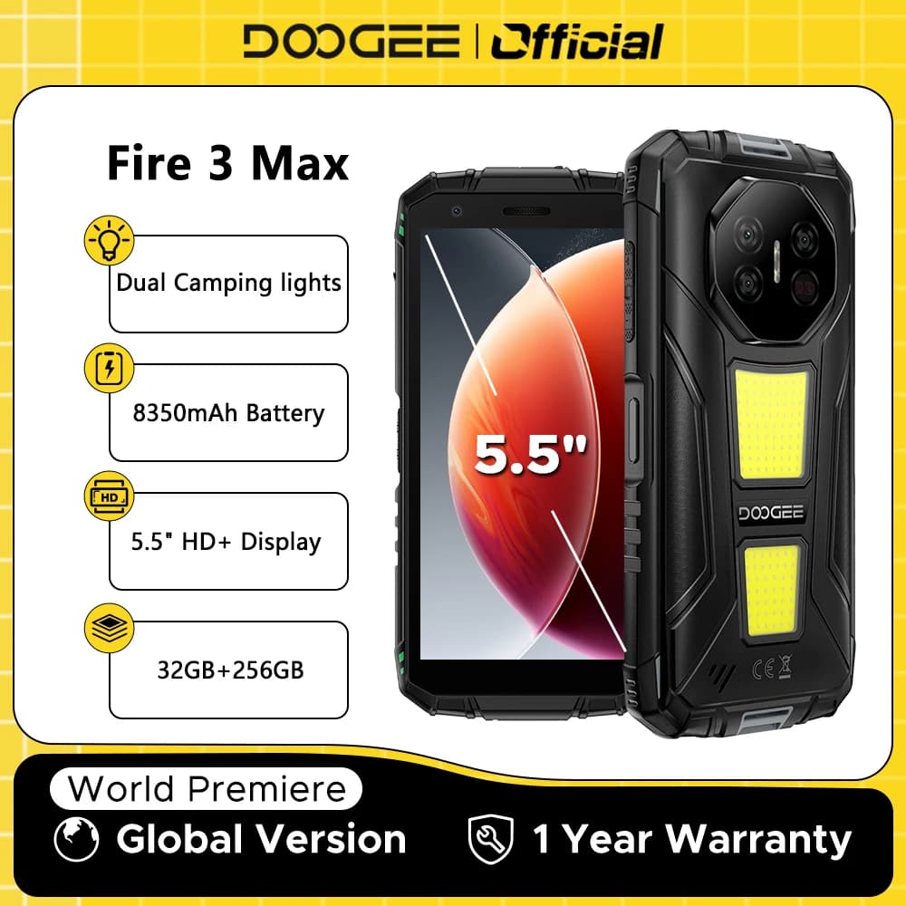 الإصدار العالمي DOOGEE Fire 3 Max هاتف متين 32 جيجابايت + 256 جيجابايت شاشة 5.5 بوصة HD+ إضاءة تخييم 8350 مللي أمبير UNISOC T7250 48 ميجابكسل NFC أندرويد 15