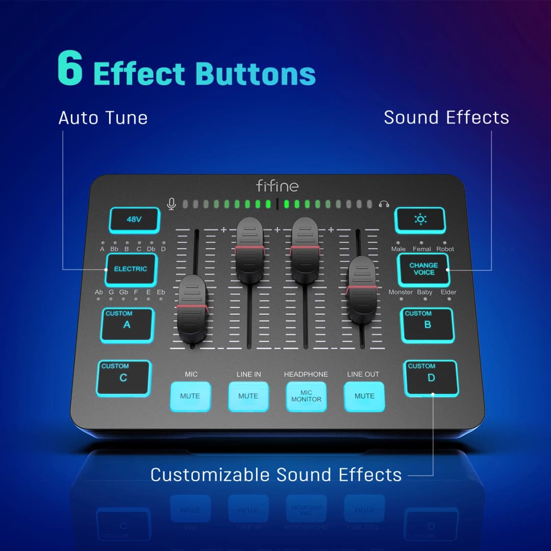 خلاط صوتي للألعاب FIFINE، خلاط بث 4 قنوات RGB مع واجهة ميكروفون XLR، للصوت في الألعاب، البودكاست، AmpliGame SC3 - 4