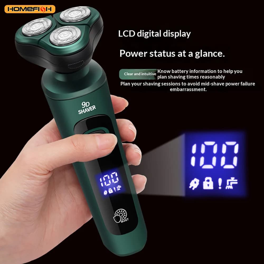 ماكينة حلاقة كهربائية ذكية بشاشة LCD، شفرة ثلاثية عائمة 3D، قابلة للشحن عبر USB ومقاومة للماء لتشذيب اللحية