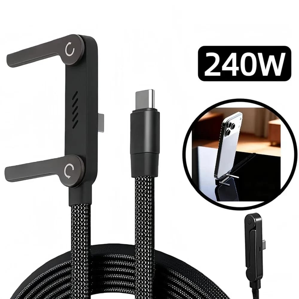 Oozcc 240W Elbowed 180° Fast Charging Foldable Phone Holder, PD Cable Nylon Data Sync, For iPhone 17, Samsung, Xiaomi, POCO, Tes - 2