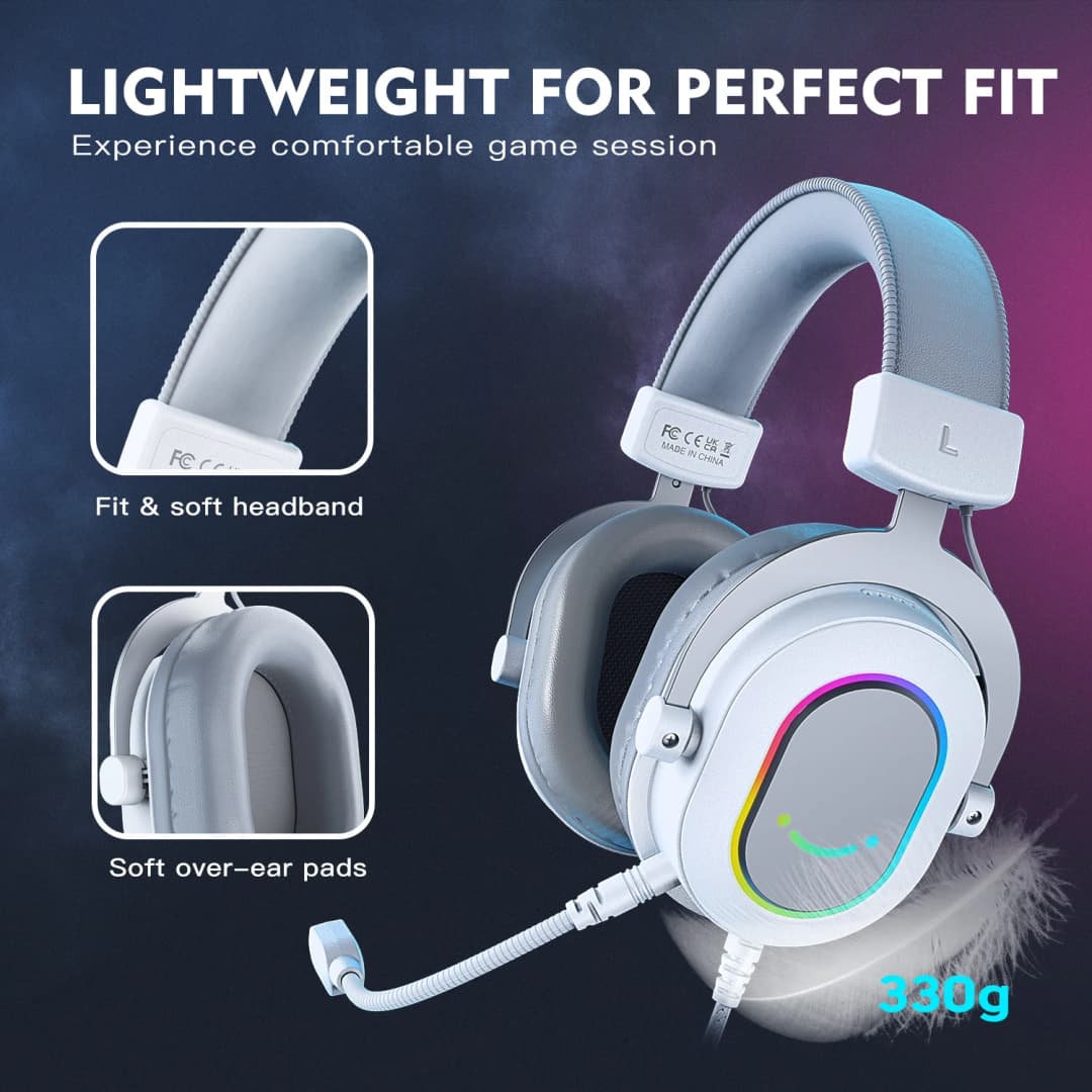 سماعة ألعاب FIFINE RGB مع صوت محيطي 7.1/3-EQ/MIC، سماعة رأس فوق الأذن مع تحكم في الخط للكمبيوتر الشخصي PS4 PS5 Ampligame-H6W - 3