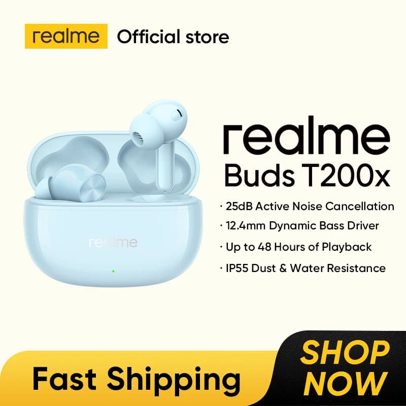 سماعات أذن ريلمي بدز T200x TWS إلغاء ضوضاء نشط 25 ديسيبل مشغل باس ديناميكي 12.4 ملم حتى 48 ساعة تشغيل IP55