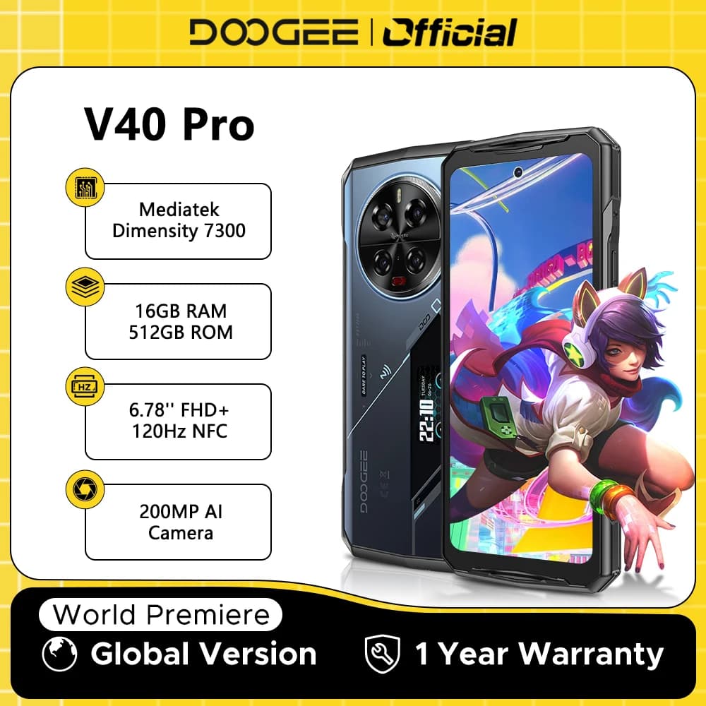 الإصدار العالمي DOOGEE V40 Pro هاتف متين 5G بشاشة 6.78 بوصة وذاكرة 16 جيجابايت + 512 جيجابايت ومعالج Dimensity 7300 وكاميرا ذكاء اصطناعي 200 ميجابكسل وبطارية 8680 مللي أمبير وشاحن سريع 33 واط