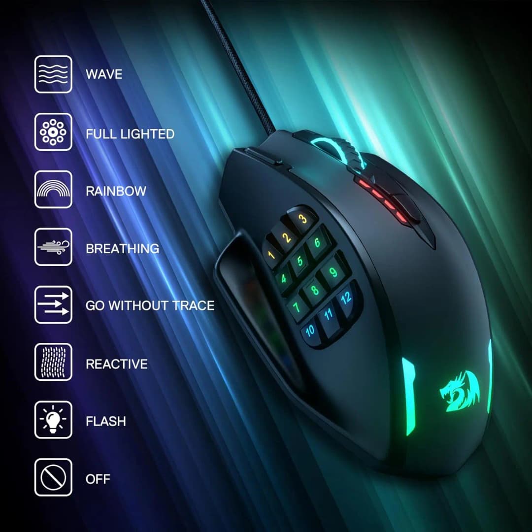 ماوس ألعاب سلكي Redragon M908 بإضاءة LED خلفية RGB، 18 زرًا قابل للبرمجة، دقة 12400 DPI - 2