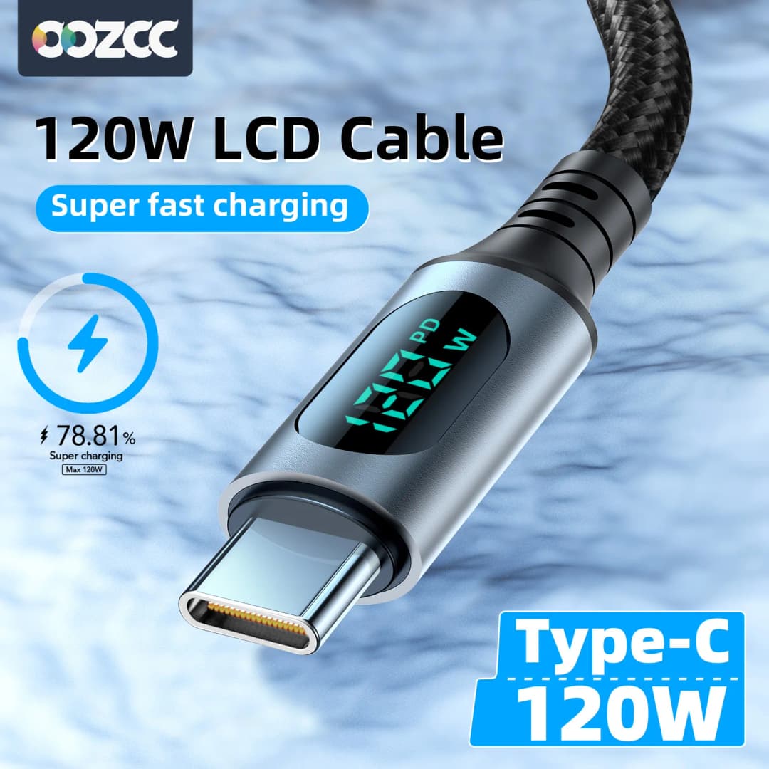 كابل شحن سريع 6A 120 واط، USB A إلى نوع C، نايلون مضفر، مع شاشة عرض رقمية LED، متوافق مع Xiaomi Redmi وسامسونج