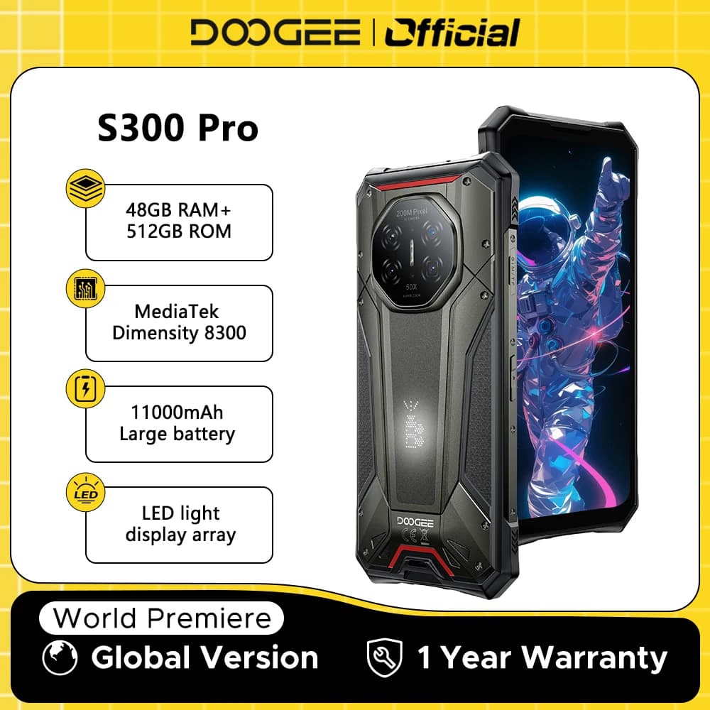 هاتف DOOGEE S300 Pro المتين لأول مرة في العالم بسعة 48 جيجابايت + 512 جيجابايت ومعالج Dimensity 8300 وشاشة 6.78 بوصة FHD+ وبطارية 11000 مللي أمبير وكاميرا 200 ميجابكسل ونظام Android 16