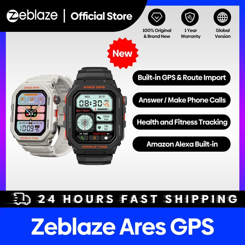 ساعة ذكية Zeblaze Ares GPS مع GPS وAlexa مدمج ومكالمات بلوتوث وتتبع معدل ضربات القلب ومستوى الأكسجين في الدم وصحة النوم مقاومة للماء حتى 3 أجواء