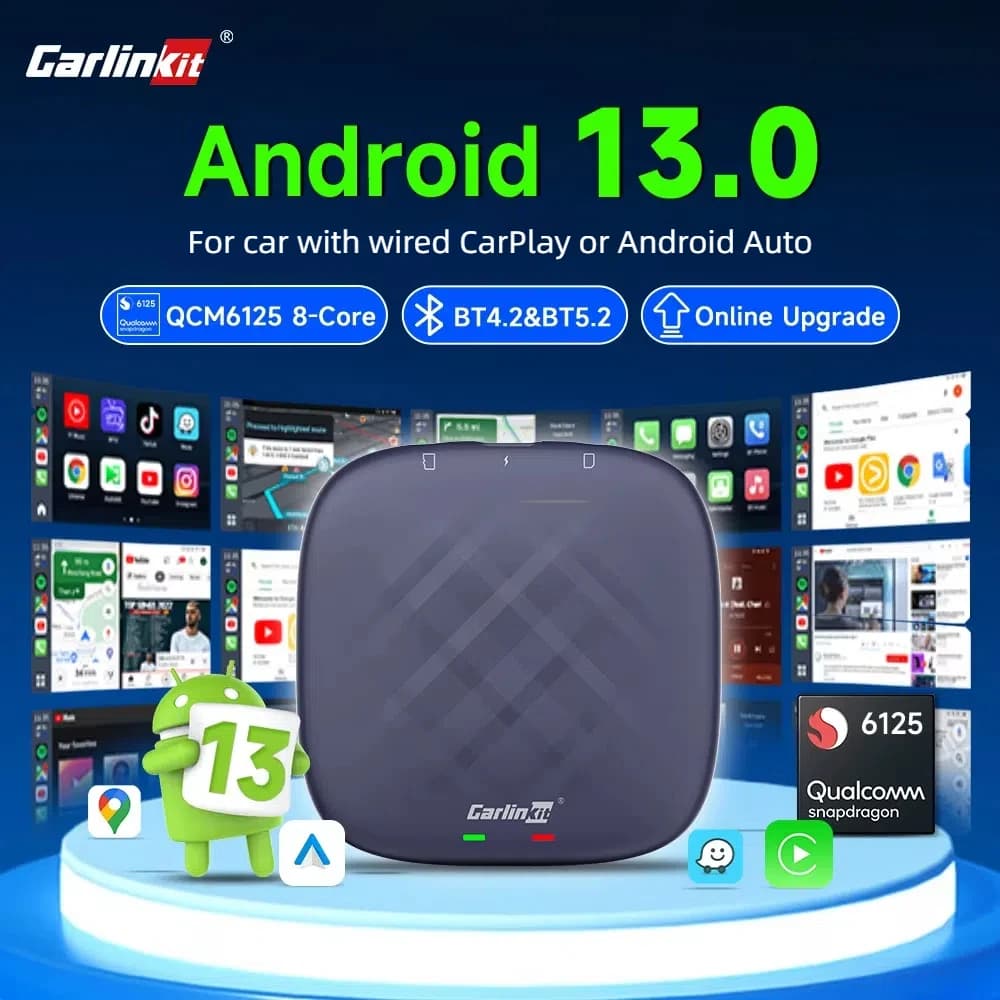 CarlinKit أندرويد أوتو كاربلاي لاسلكي أندرويد 13 صندوق تلفزيون AI QCM6125 8 نواة شاشة منقسمة 64G 128G لنتفليكس يوتيوب بلاي ستور