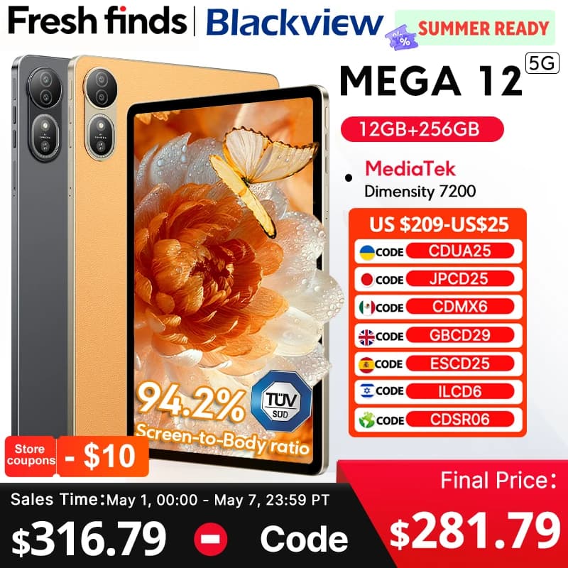 【World premiere】Blackview MEGA 12 Tablet 5G 12.2" 2.4K 120Hz Display Dimensity 7200 CPU IP69K Waterproof 50MP 10000mAh Pad PC