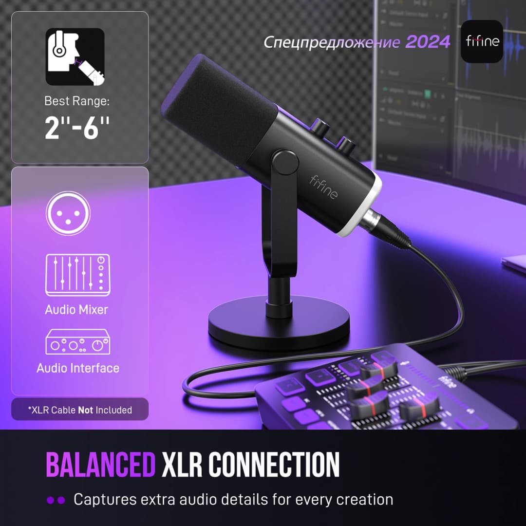ميكروفون ديناميكي FIFINE USB/XLR مع تحكم RGB، مقبس سماعة رأس، كتم الصوت، لتسجيل ألعاب الكمبيوتر AmpliGame-AM8 - 2