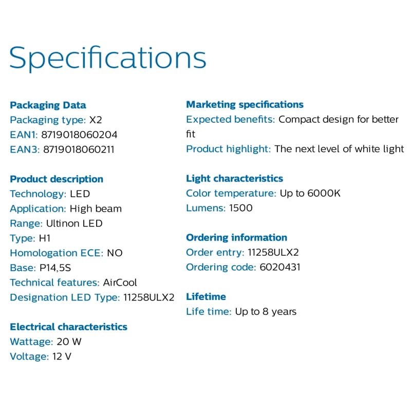 Philips LED H1 Ultinon LED Auto Hi/lo Beam 6000K Cool White Light +160% Brighter Headlight Compact Design 11258ULX2, Pair - 6