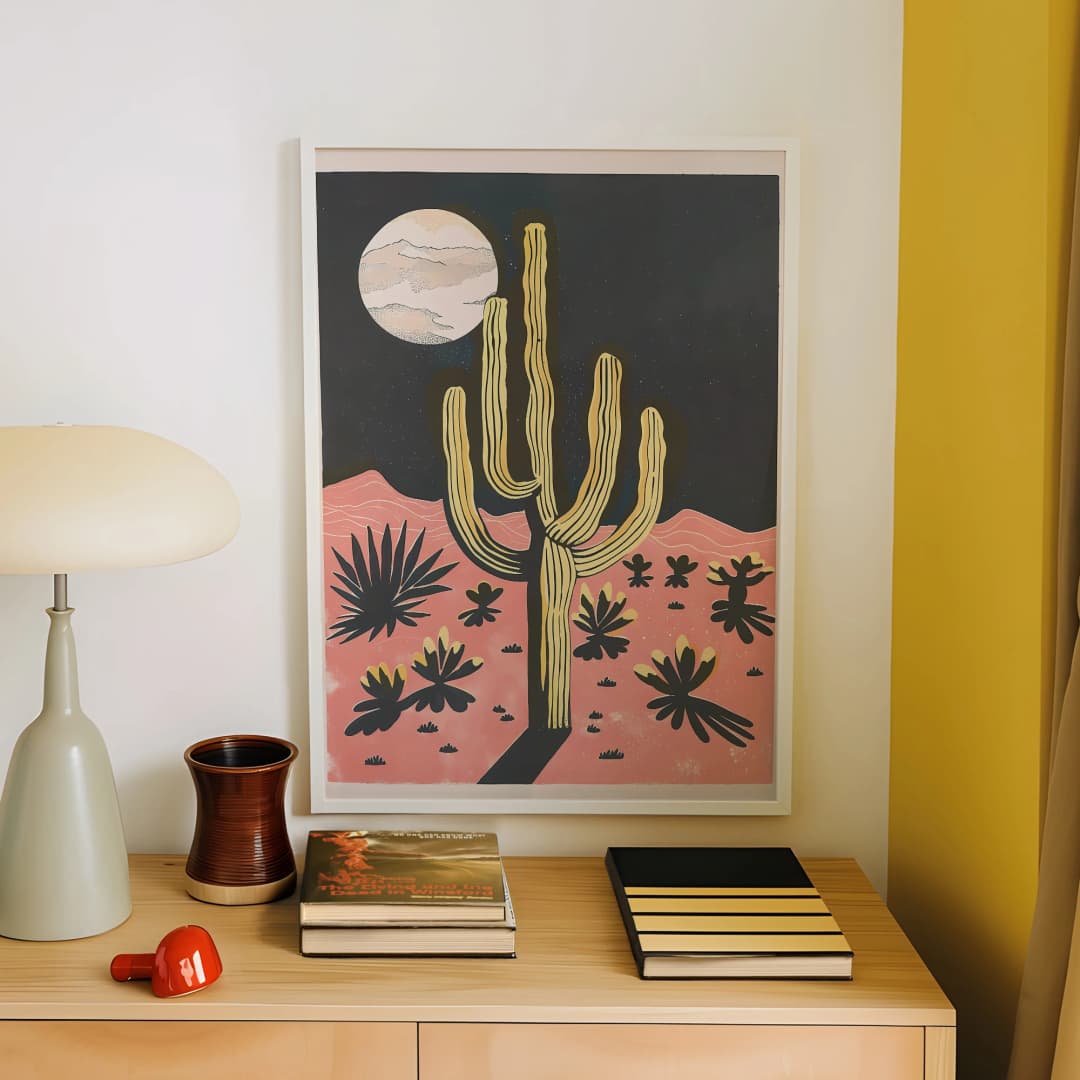 Modern Desert Night Moon Giant Cactus Wall Art Aluminum Frame Prints Canvas Painting Poster Picture For Living Room Home Decor - 4