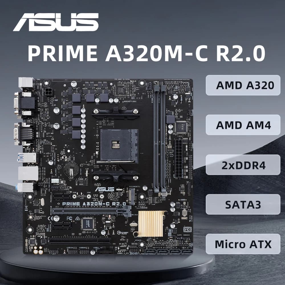 لوحة أم ASUS PRIME A320M-C R2.0 تدعم معالجات Ryzen 5 2600X و3600 و5600G و5600X3D، ذاكرة DDR4 3200MHz، شريحة AMD A320، منفذ M.2 NVME، مقبس AM4