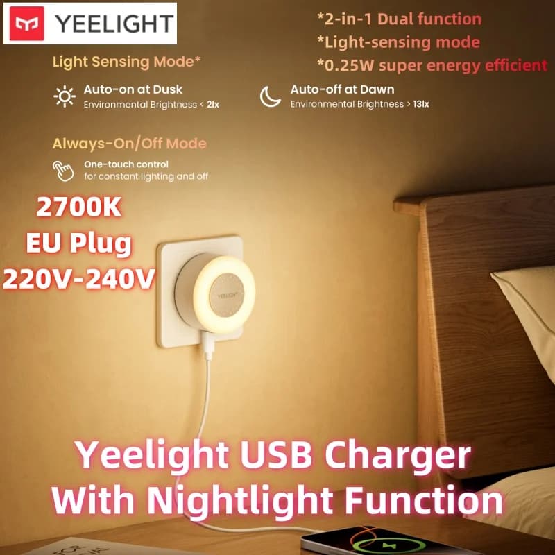 إضاءة ليلية صغيرة من YEELIGHT، أبيض دافئ، 220V، وضع استشعار الضوء، منفذ شحن Type-C، طاقة منخفضة 0.25W، 2700K، قابس EU