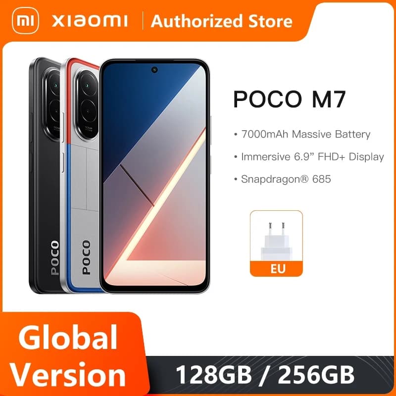 هاتف POCO M7 نسخة عالمية، معالج Snapdragon® 685، NFC، ذاكرة 128GB/256GB، شاشة 144Hz، كاميرا 50MP، بطارية 7000mAh، شحن سريع 33W