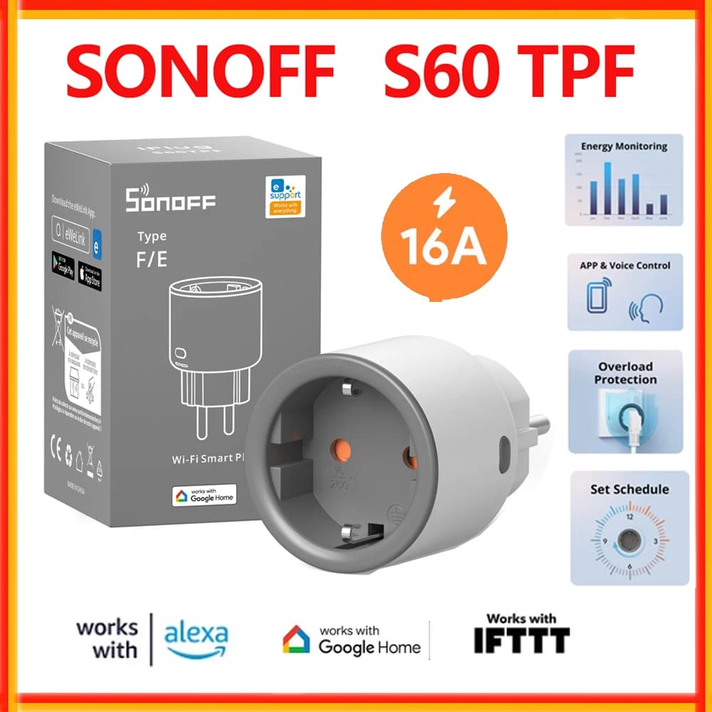 SONOFF S60 TPF EU فيشة ذكية واي فاي 16 أمبير مع مراقبة الطاقة والتحكم عن بعد والتحكم الصوتي والمؤقت والمشاهد الذكية