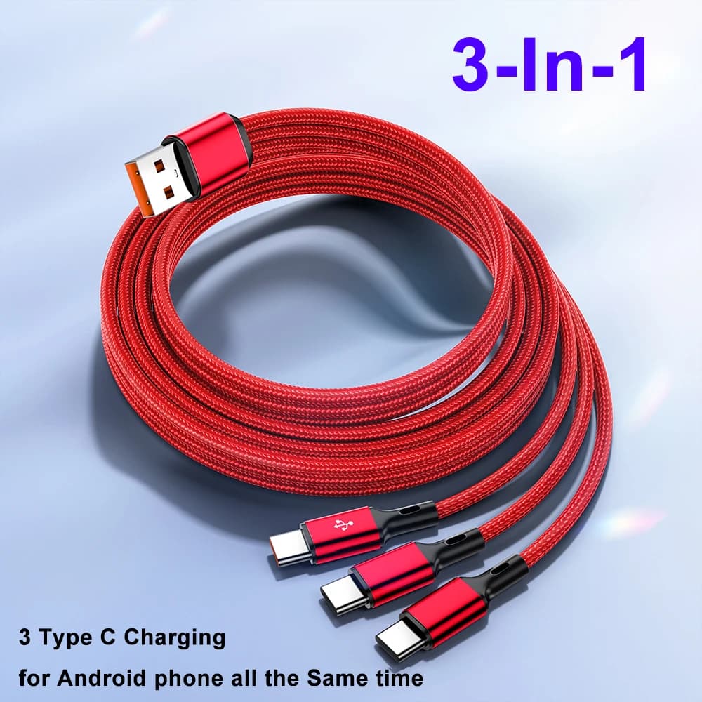 كابل 3 في 1، USB إلى 3×Type-C، 100 واط 6A، شحن سريع لسامسونج S24 وشاومي وهواوي وهواتف أندرويد، نقل بيانات عالي السرعة USB C - 4