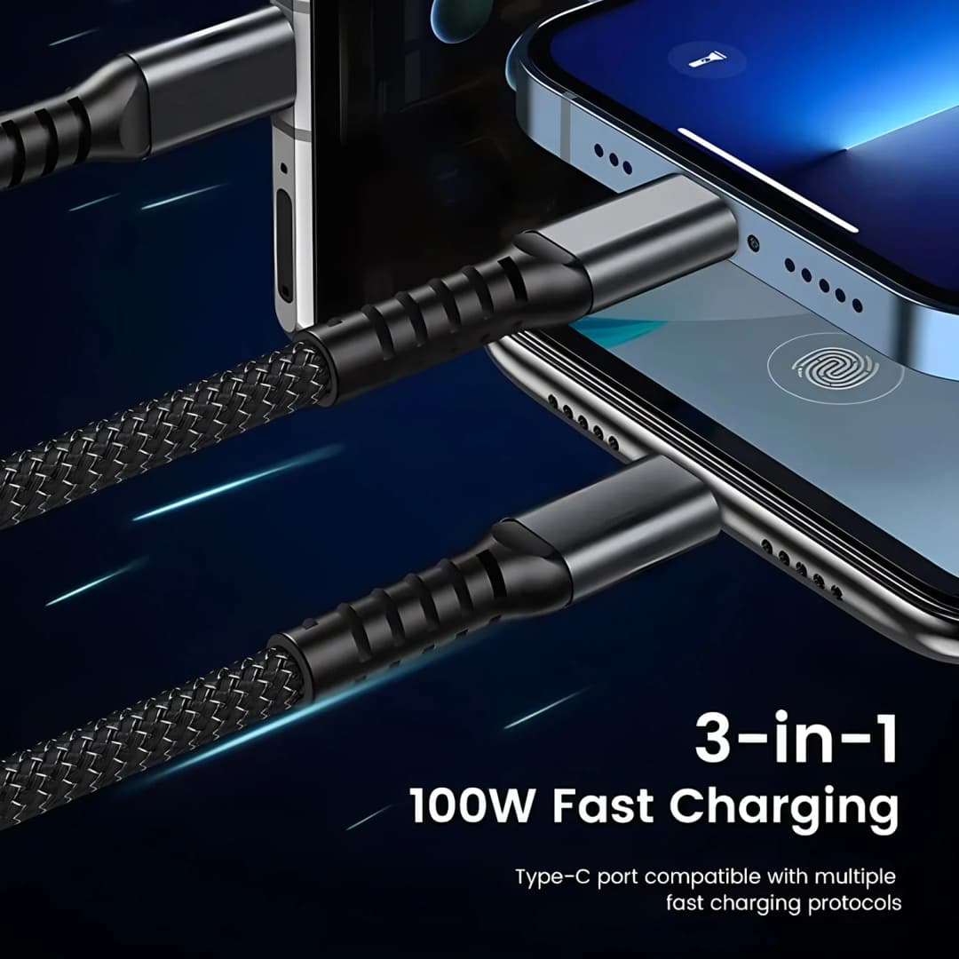 كابل شحن سريع 100 وات كابل شاحن متعدد نايلون مضفر متعدد USB عالمي 3 في 1 محول سلك شحن مع مايكرو من النوع C - 6