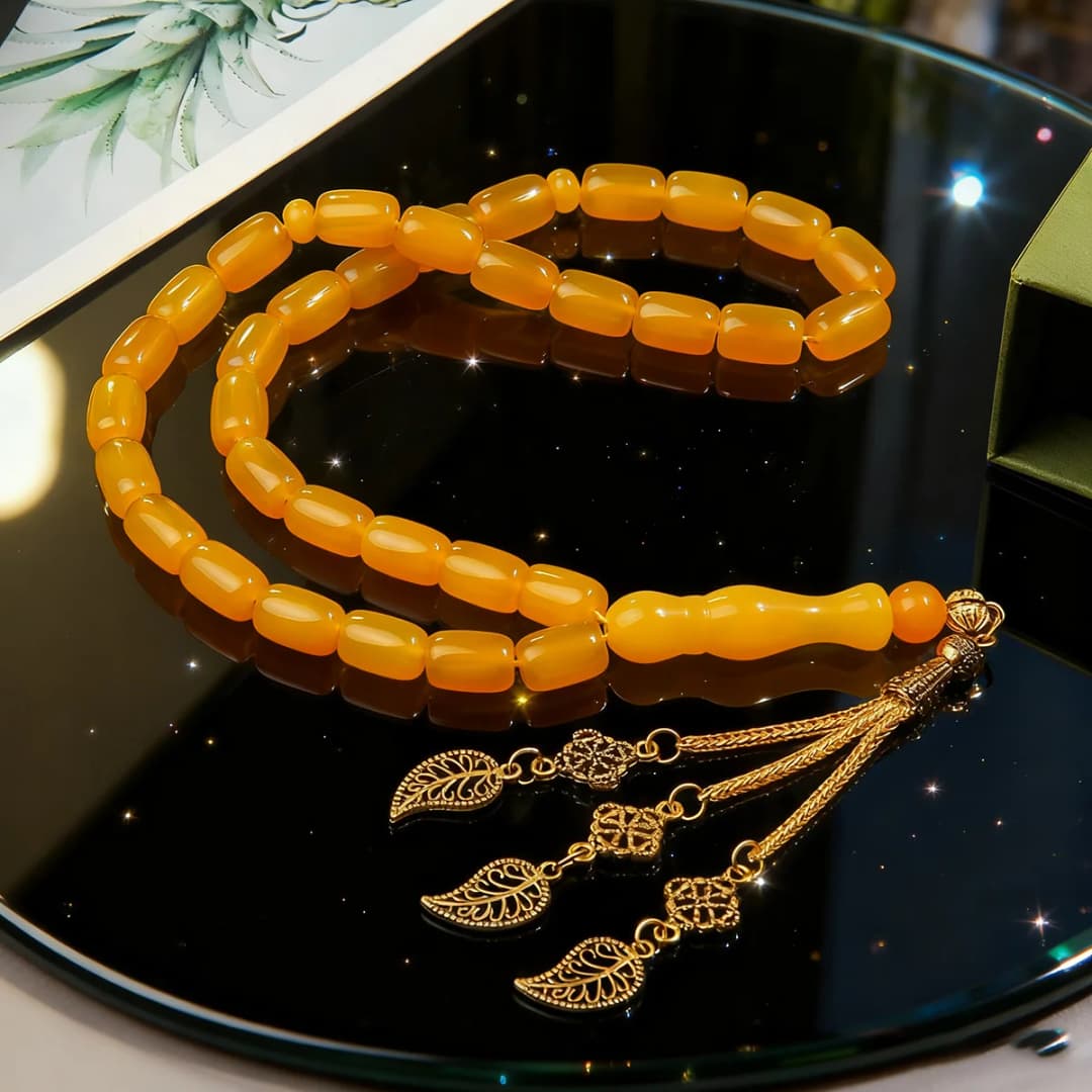 Yellow agate stone bracelet prayer pilgrimage prayer bead bracelet hollow leaf pendant Muslim prayer bead bracelet