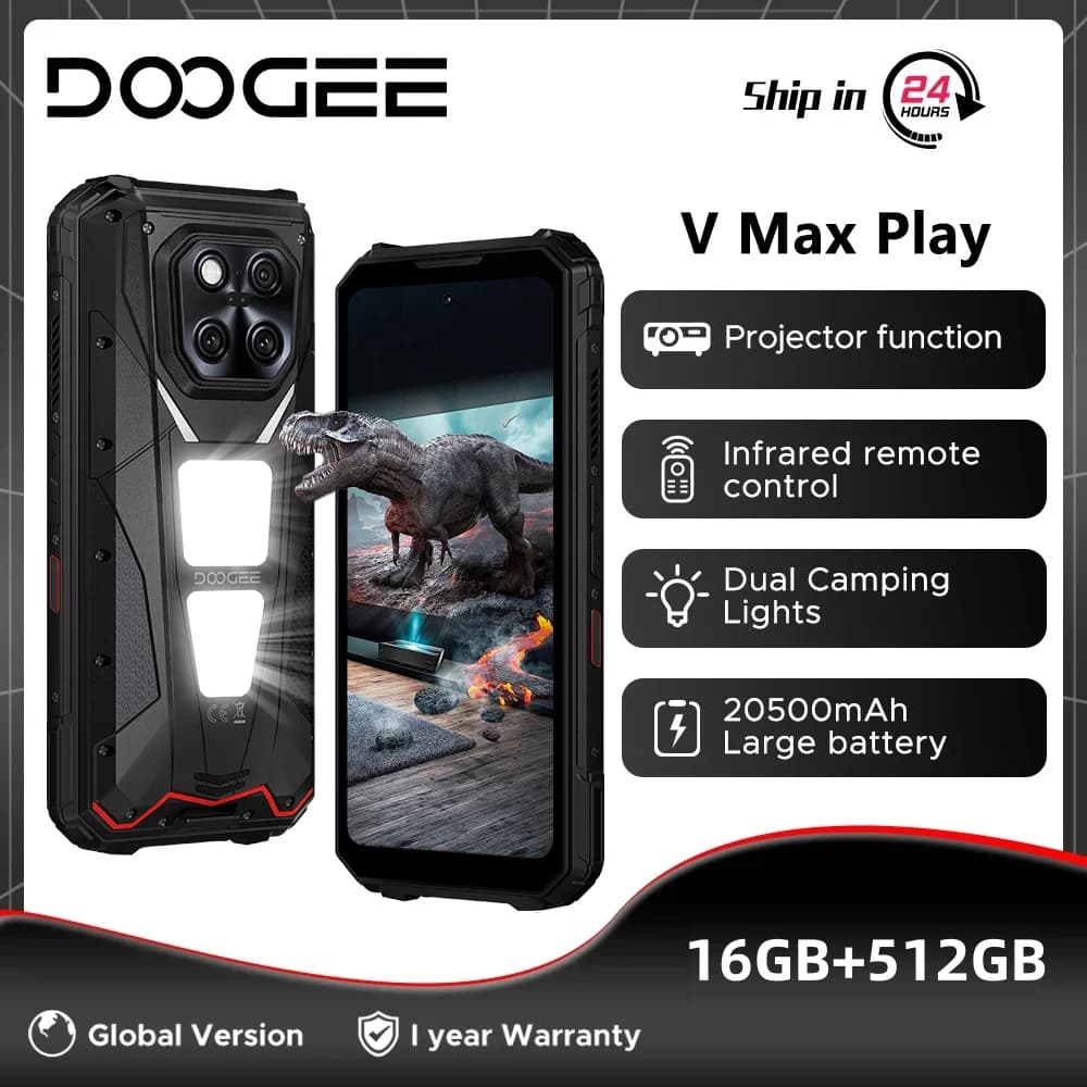 الإصدار العالمي DOOGEE V Max Play هاتف بروجيكتور متين 16 جيجابايت 512 جيجابايت 6.78 بوصة 120 هرتز ديمينسيتي 7300 كاميرا 200 ميجابكسل إضاءة تخييم مزدوجة