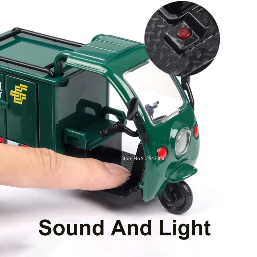 1/32 Scale Express Delivery Tricycle Model Car Toy Steerable Front Wheels Sound Light Pull Back Vehicle Models Gifts for Kids - 3