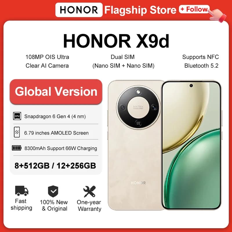 هاتف أونر X9d 5G نسخة عالمية شاشة 6.79 بوصة AMOLED كاميرتين ذكاء اصطناعي 108 ميجابكسل بطارية 8300 مللي أمبير 66 واط شحن سريع شريحتين NFC