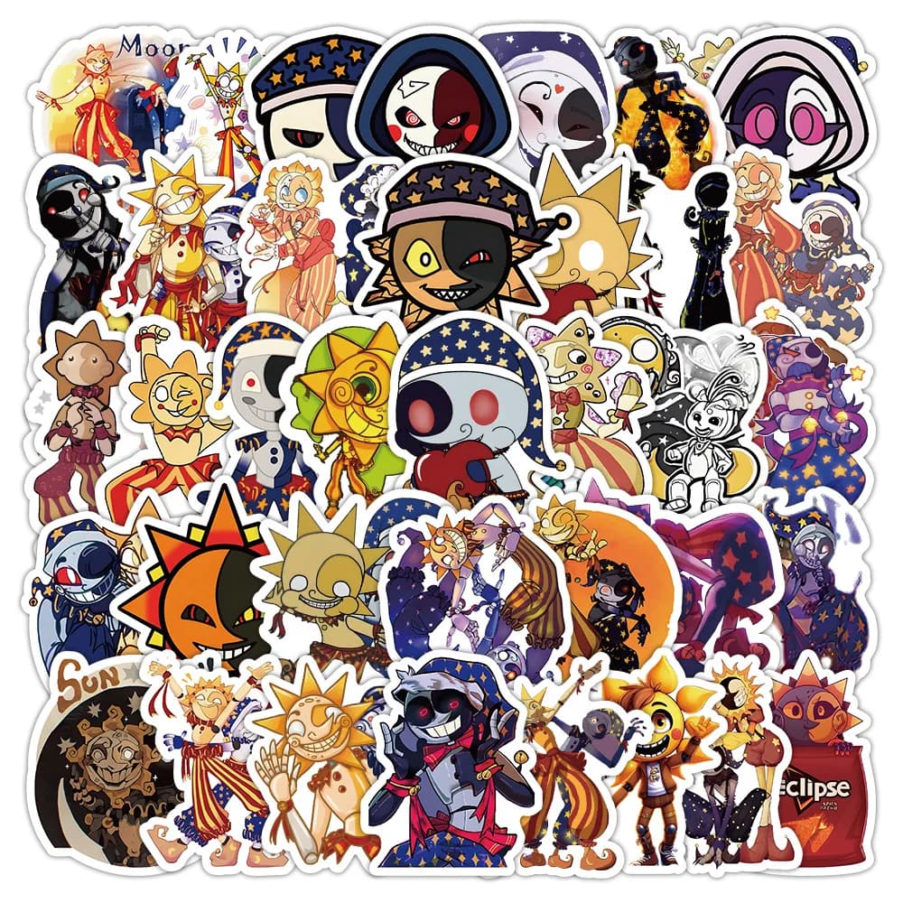 50Pcs Cute Sundrop And Moondrop Stickers Cartoon Fnaf DIY Stickers Scrapbooking Phone Luggage Skateboard  Waterproof Decals