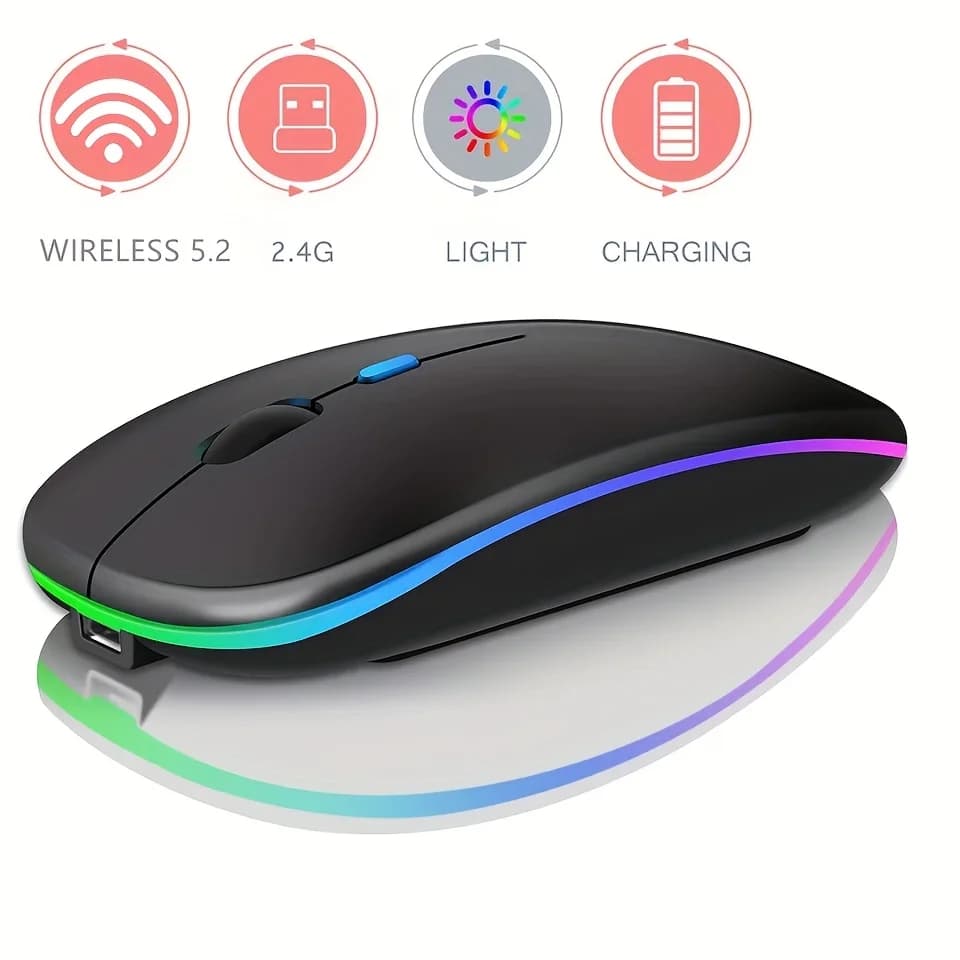 فأرة لاسلكية رفيعة جداً قابلة لإعادة الشحن مع إضاءة LED، وضع مزدوج (بلوتوث و 2.4G)، متوافقة مع آيباد، لابتوب، كمبيوتر، ماك، ويندوز
