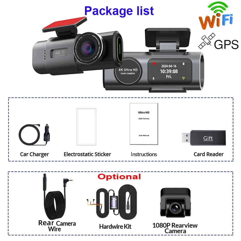 Dash Cam Dual Lens 4K UHD Recording Car Camera DVR Night Vision Video Recorder Support GPS Wi-Fi Room Black Box Rear View Camera - 6